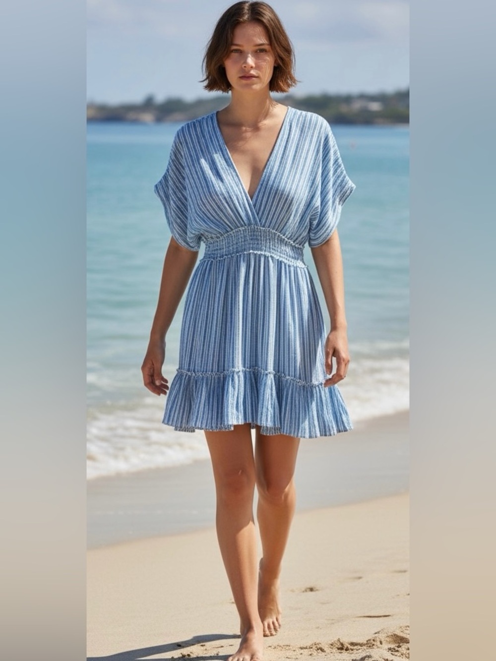 blue island Light Blue Striped V-Neck Smocked Waist Mini Dress